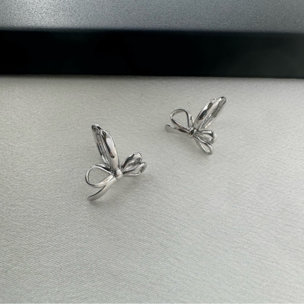 Huggie Bow Silver Hoop Earrings for Women - Picture 2 of 5